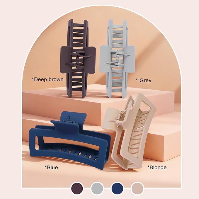 5 Inch XL Jumbo Claw Clips for Thick and Long Hair, 4-Pack Oversized Matte Rectangle Hair Clips for Women, Strong Hold Non-Slip Jaw Clips, Dark Shades