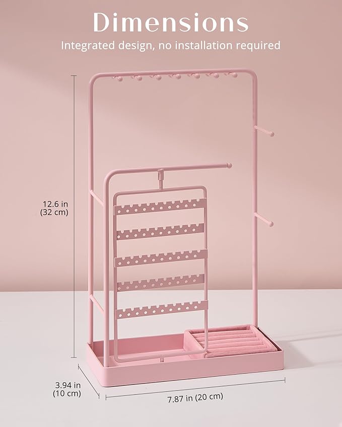 ProCase Jewelry Stand Holder Organizer, Jewelry Display Storage with Ring Tray, No-Assembly Needed, Rotating Earring Bracelet Necklace Holder, Christmas Gifts Room Dorm Decor for Teen Girls -Pink