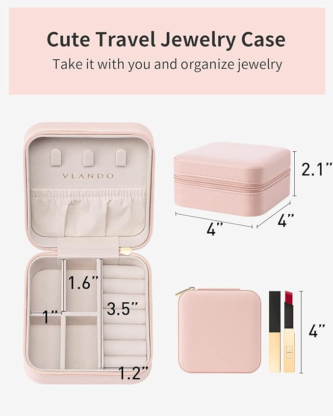 VLANDO Travel Jewelry Case - Teacher Appreciation Gifts for Women - Small Jewelry Travel Organizer Box Travel Essentials Gift for Teen Girl Women - Pink
