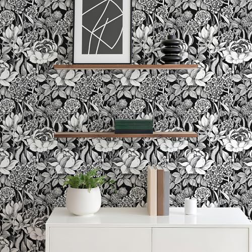 Black and White Floral Wallpaper A Set of 17.3"x120" Modern Boho Peel and Stick Wallpaper Self-Adhesive Removable Floral Contact Paper for Cabinets Drawer Shelf Liner