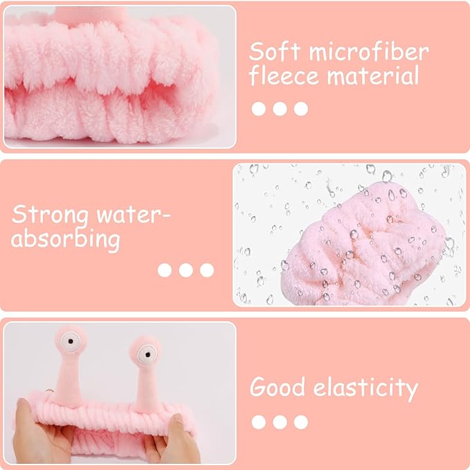 SuPoo 9 Pcs Skincare Headbands Snail Spa Headband and Wristband Set Alien Pink Face Wash Wristbands Cute Makeup Hair Band for Washing Face Wrap Head Towel Wrist Towels for Shower