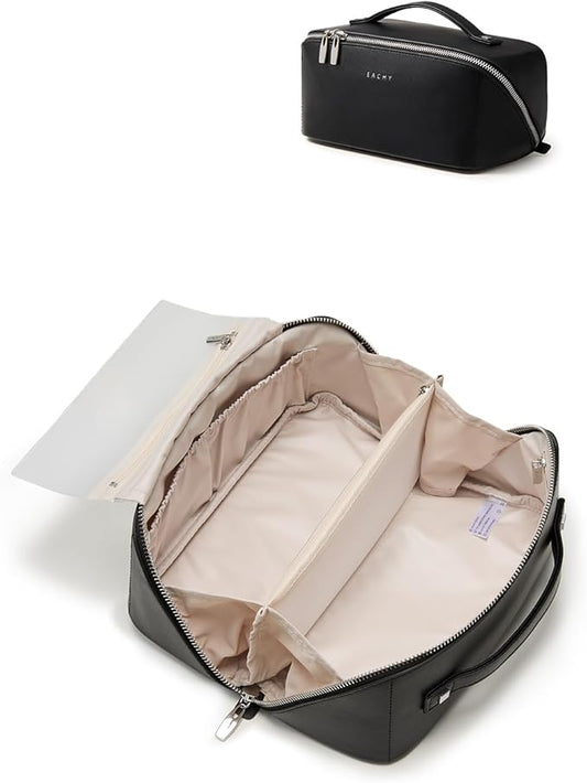 EACHY Travel Makeup Bag, Large Capacity Cosmetic Bag for Women, Waterproof PU Leather, Flat Open Portable Toiletry Bag for Skincare, Brushes & Travel Essentials