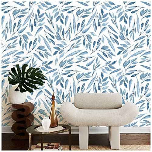 HAOKHOME Blue Wallpaper Peel and Stick Boho Leaves Removable Vinyl Self Adhesive Contact Paper17.7in x 9.8ft