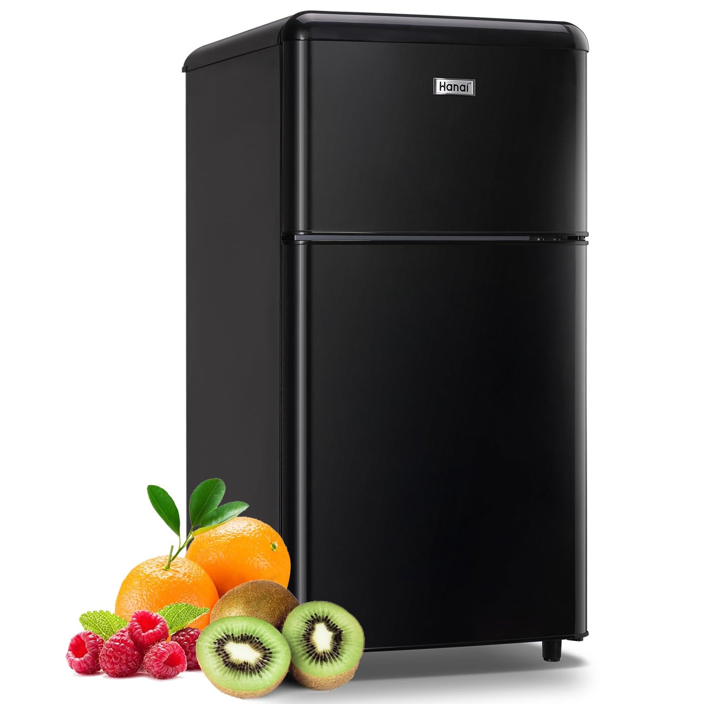 WANAI Mini Fridge Dual Door Refrigerator with Freezer, Compact Refrigerator with Adjustable Temperature & Removable Glass Shelves, Fridge for Apartment/Dorm/Office/Kitchen, Energy Saving, BLACK