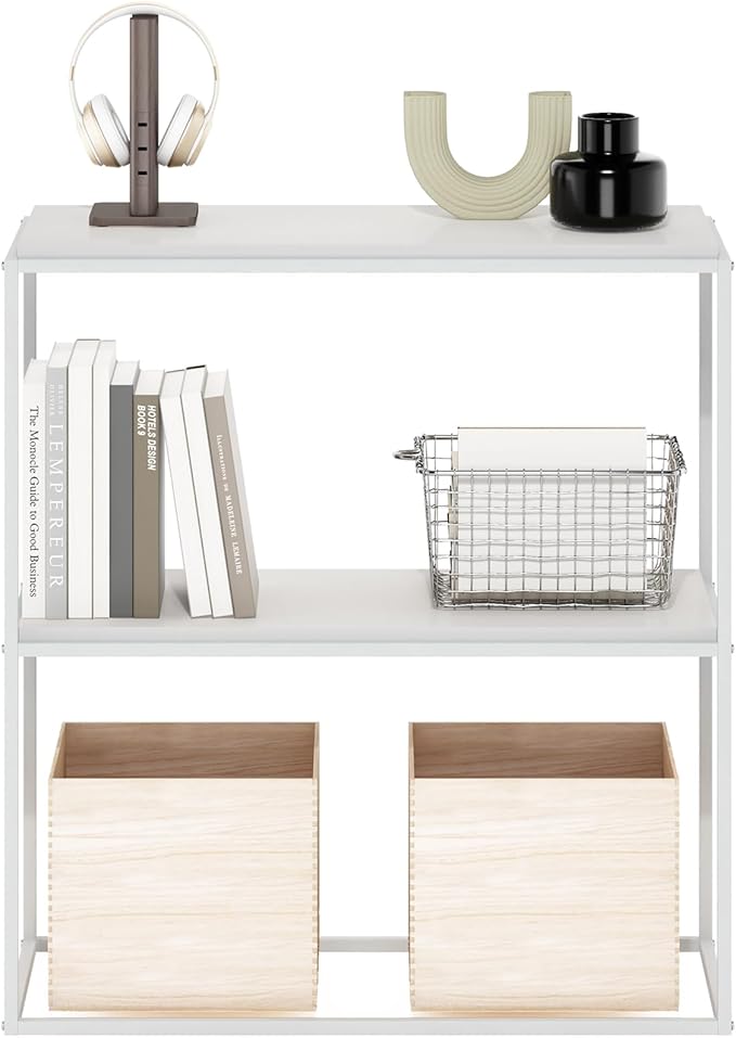 Furinno Moretti Modern Storage Shelves, 2-Tier Wide Stackable Book Shelf, Open Shelves, for Organization and Storage, Living Room, Garage, Home Office, Solid White