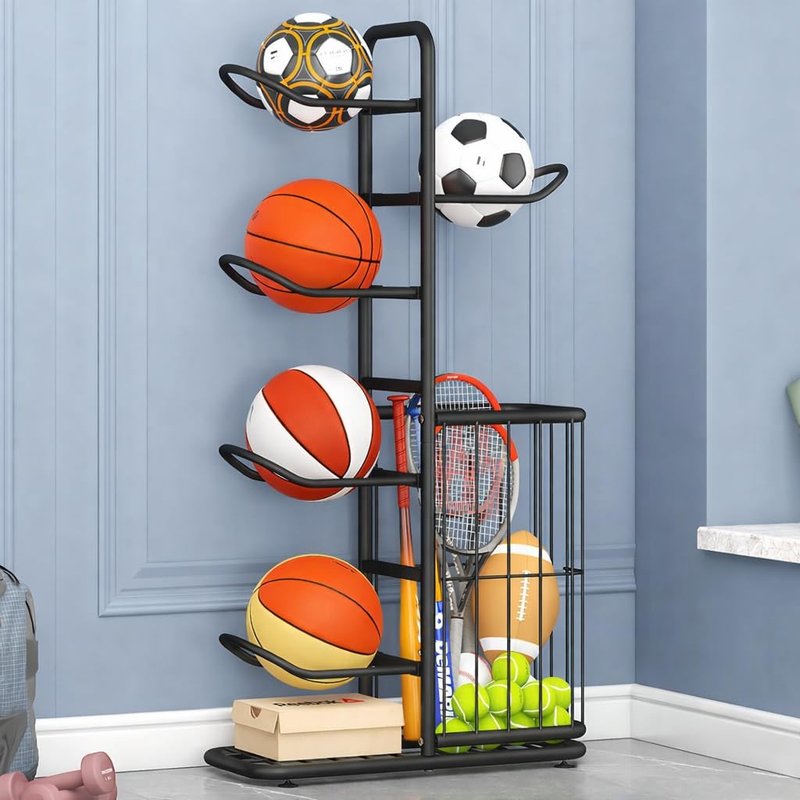 MLUPODY Sports Ball Storage Rack | Adjustable Vertical Stand for Basketball, Soccer, Volleyball & More | Durable Steel Organizer for Garage |5-Ball |45.7 inches, black