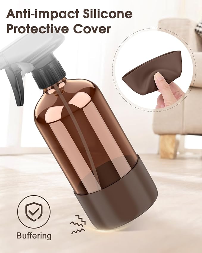 Bontip Glass Spray Bottle with Silicone Sleeve Protection, Amber Glass Spray Bottle Set for Window Cleaner Aromatherapy Facial Hydration Watering Flowers Hair Care 2 Pack/16 oz (Brown, 16 oz)