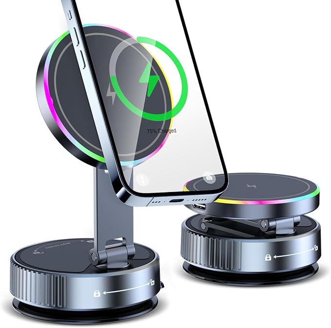 Wireless Charger Car Phone Holder for Magsafe,360°Adjustable Vacuum Magnetic Phone Holder,Nano Gel Suction Cup/RGB Light Suction Cup Mount for Non Smooth Surfaces Compatible iPhone&Android