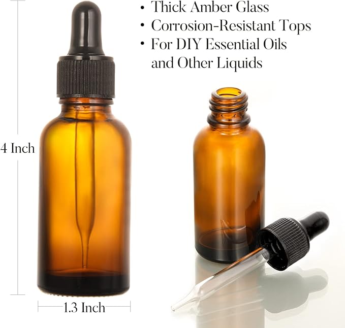 4 Pack, 1 oz Amber Glass Dropper Bottles Plus 2pcs Graduated Calibrated Glass Pipettes (1ml)- 30ml Dark Brown Tincture Bottles with Eye Droppers for Essential Oils, Liquids - Leakproof Travel Bottle