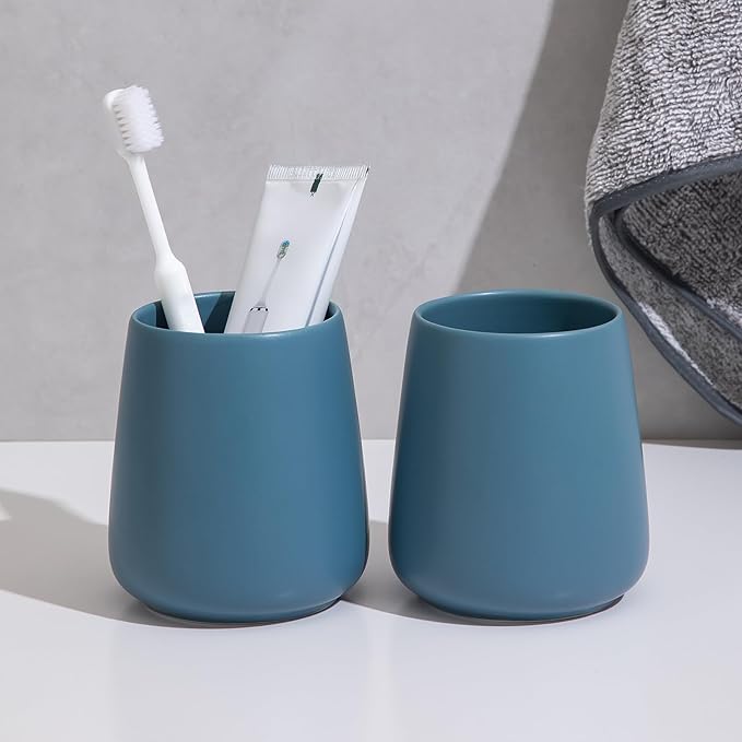Blue Toothbrush Holder for Bathroom - 2Pcs Ceramic Tooth Brushing Holders Set, Toothbrush Cup & Toothpaste Organizer for Bathroom Countertop, Makeup Brush Holder, Pen Holder for Home Desktop Storage