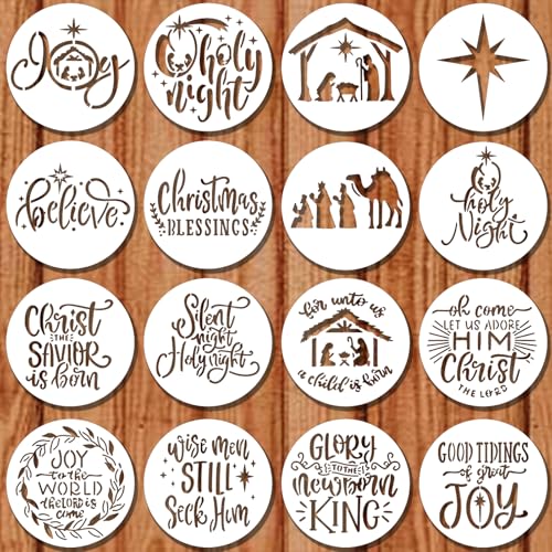 Nativity Christmas Stencils ? 16PCS Reusable Templates for Painting on Wood, Cookies, Ornaments, Glass & DIY Crafts Holiday Party Decorations