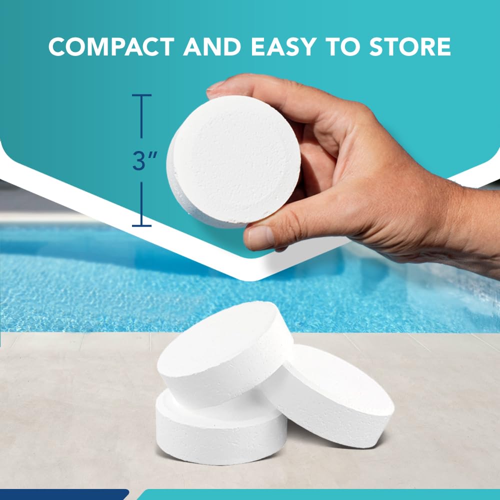 Puri Tech Pool Chemicals 3‑Inch Stabilized Chlorine Tablets for Swimming Pools - Individually Wrapped, Slow‑Dissolving, Long‑Lasting Pool Sanitizer - 90% Available Chlorine - Tri-Chlor - 4 Pounds