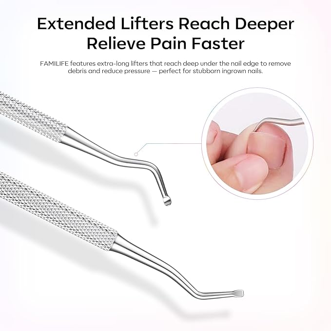 FAMILIFE Stainless Steel Pedicure Kit with Ingrown Nail Lifters, Precision File & Clipper, Multi-Use Cuticle Nippers and Trimmer for Home Foot Grooming and Correction