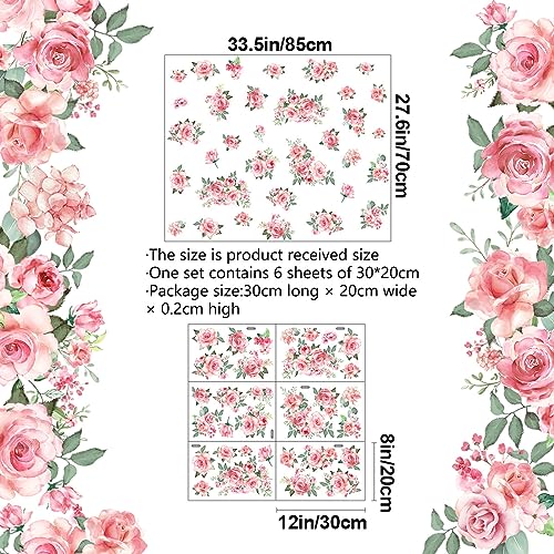Pink Flowers & Green Leaves Wall Decals - Removable Peel & Stick Garden Floral Wall Stickers for Bedroom & Living Room