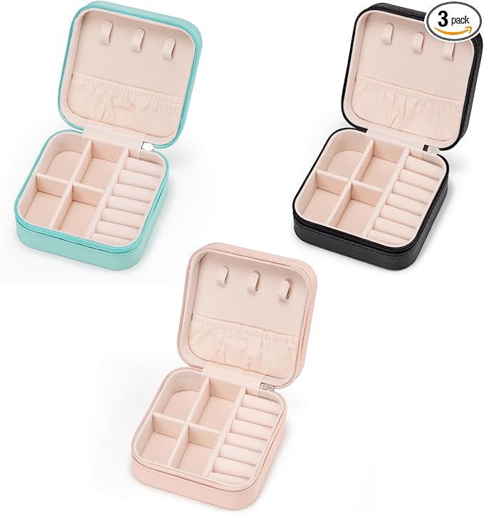 3pack/PU Leather Travel Jewelry Case, Mini Jewelry Box, Small Jewelry Organizer Portable Display Storage Case for Rings Earrings Necklace Bracelet Bangle, for Girls Women (3 Color)