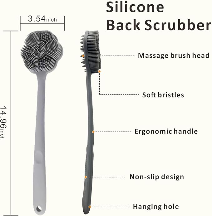 Back Body Scrubber & Face Scrubber for Shower - 15 Inch Long Handle Double Sided Silicone Body Brush for Exfoliation & Massage, Soft Facial Cleansing Brush, Rich Lathering for Deep Cleansing (Gray)