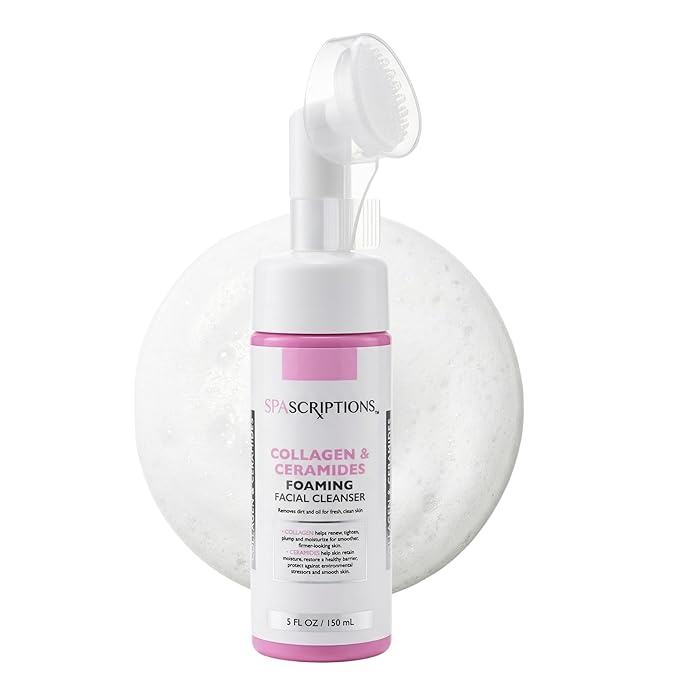 SpaScriptions 2 in 1 Cleanse & Exfoliate Foaming Facial Cleanser - Collagen & Ceramides Face Wash with Silicone Brush for Dryness with Skin Barrier Support with Peptides for Daily Cleansing, 5 oz