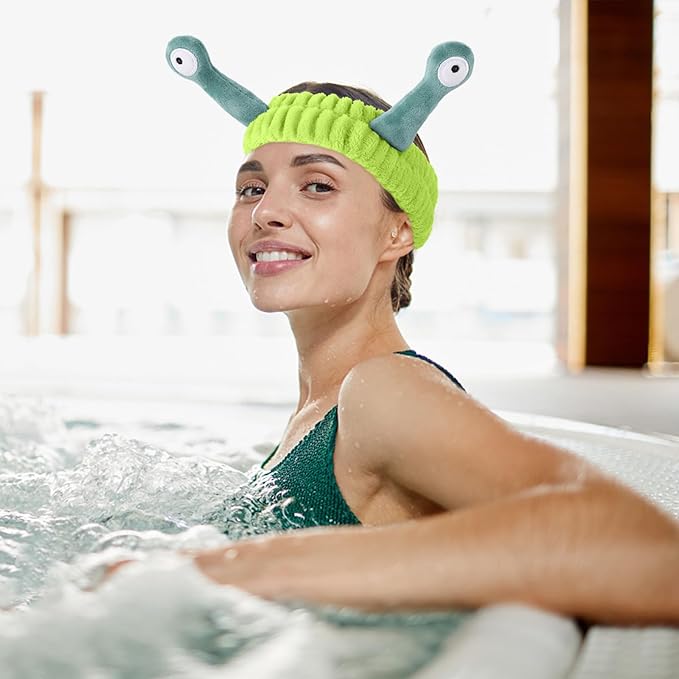 Face Wash Headband, Palm and Snail Spa Hair Bands Makeup Headbands Women Cartoon Cute Coral Fleece Elastic Headband Creative Hair Accessories for Washing Face Shower Sports (Dark green/Light green)
