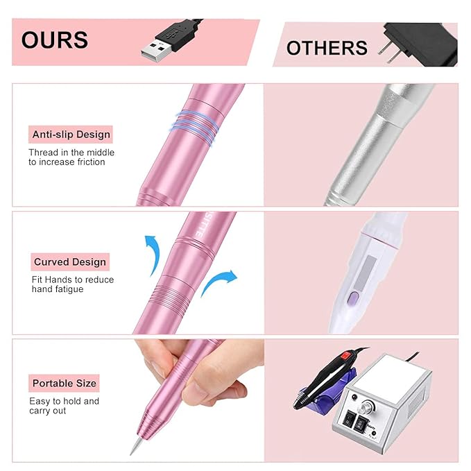 Electric Nail Drill,USB Electric Nail Drill Machine for Acrylic Nail Kit,Portable Electric Nail File Polishing Tool Manicure Pedicure Kit Efile Nail Supplies for Home Salon,Pink