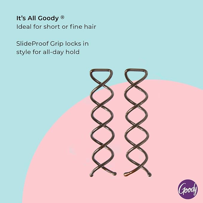 Goody Mini Spin Pins, 2 Ct, Spiral Clips for Quick & Easy Buns, All-Day Hold Twist Corkscrew Bobby Pins, Pain-Free Hair Accessories for Women, Men Boys & Girls, All Hair Types
