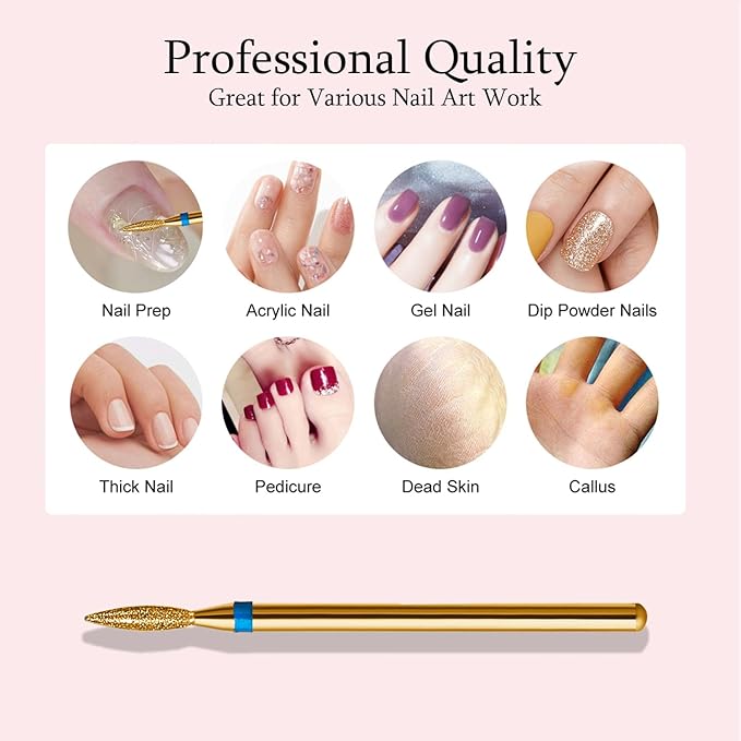 10pcs Diamond Flame Titanium Cuticle Drill Bits Set, Professional Cuticle Nail Drill Bits for Dead Skin 3/32'' Nails Dry Manicure Pedicure Shape Remove Nail Salon Tools(Gold, Medium-M)