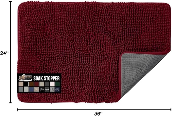 GORILLA GRIP SoakSTOPPER Dog Door Mat, 36x24 Machine Washable Rug Absorbent Doormat Captures Moisture Mud Dirt, Quick Dry Soft Chenille Entryway Rugs Indoor Entrance Mats for Dog Paws, Burgundy