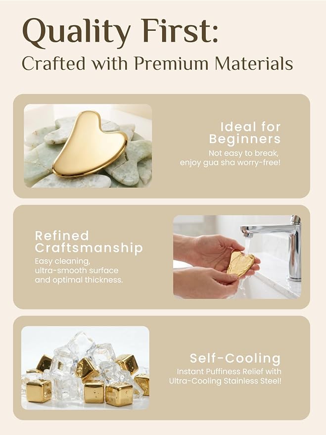 Rena Chris Gua Sha Facial Tools, Stainless Steel Guasha Tool for Acupuncture, Manual Massage Tool for Jawline Sculpting and Puffiness Reducing, Gua Sha Facial Massage Tool, Skin-Care Gift (Golden)