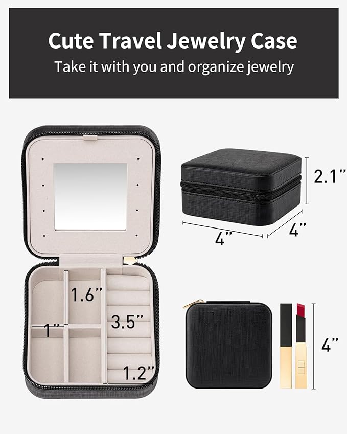 VLANDO Travel Jewelry Case, Mothers Day Mom Gifts, Small Jewelry Travel Organizer Box for Girls Women with Mirror Black