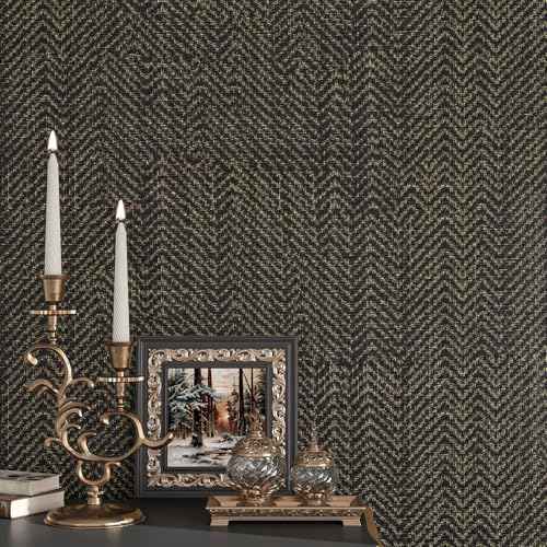 Black Gold Wallpaper Peel and Stick Grasscloth Wallpaper Herringbone Textured Woven Fabric Wall Paper Removable Self Adhesive Black Linen Contact Paper for Cabinets Bedroom Walls 17.7"x80"