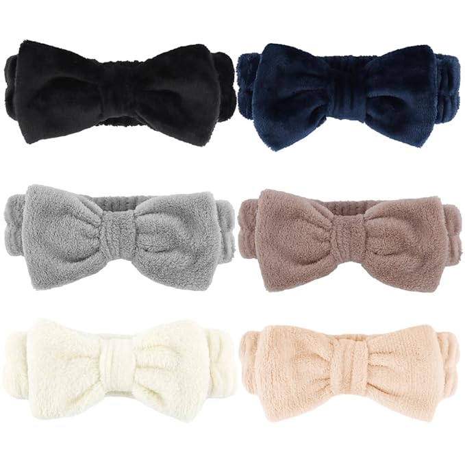 SPA Headbands for Washing Face Makeup Headbands with Bow Laurel Hair Band Women Facial Head Band Wrist Towel Wraps For Shower Face Mask Gray Black White Beige, 6 Pack
