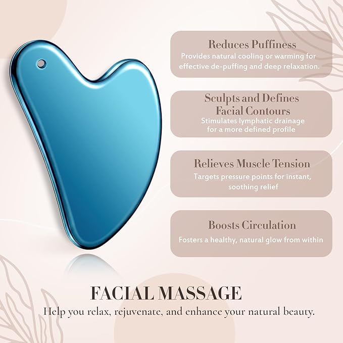 Nuanchu Stainless Steel Gua Sha Facial Tools Metal Guasha Tool for Face Body Jawline Shaper, Double Chin Reducer, Puffiness Reducing, Lymphatic Drainage Massager Skin Care Gift with Pouch(Blue)