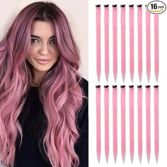 Colored Clip in Hair Extensions 20Inch Straight Syntactic Pink Color Hairpiece Rainbow Party Highlights for Women 16Pcs (Pink Ã¢ÂÂ¡)