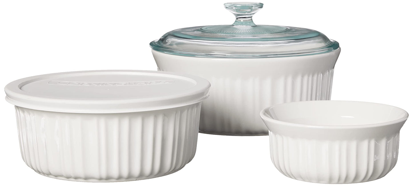 CorningWare French White 7-Pc Ceramic Bakeware Set with Lids Chip and Crack Resistant Stoneware Baking Dish, Microwave, Dishwasher, Oven, Freezer and Fridge Safe