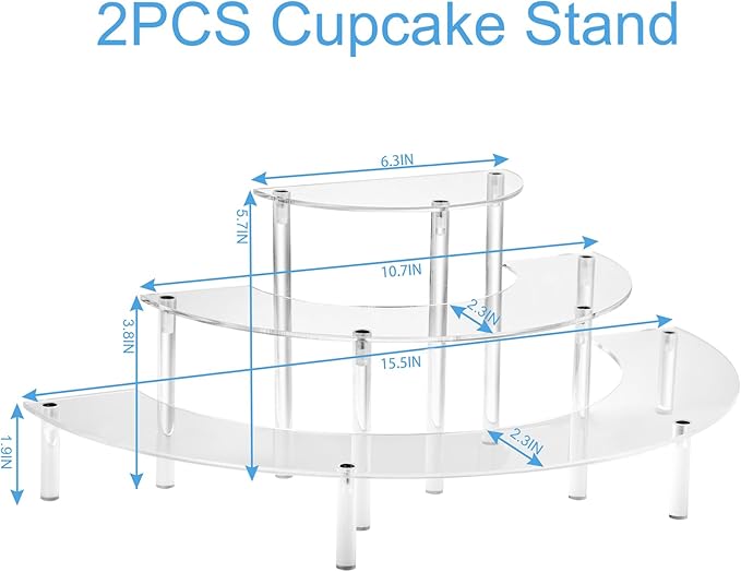 HENABLE Acrylic Display Risers, 3 Tier Clear Cupcake Perfume Stand Organizer, Half Moon Dessert Stand for Display, Food, Amiibo Funko POP Figure (2half