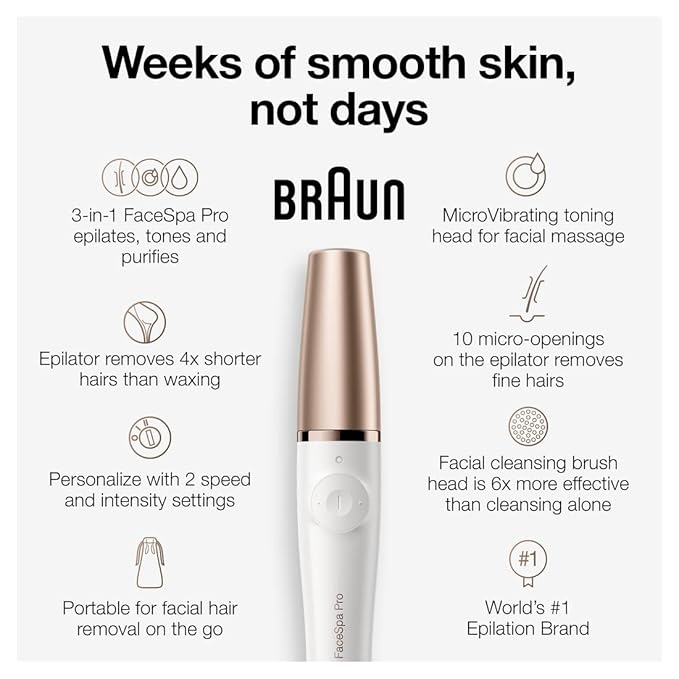 Braun Face Epilator Facespa Pro 911, Facial Hair Removal for Women, Hair Removal Device, 3-in-1 Epilating, Cleansing Brush and Skin Toning with 3 Extras