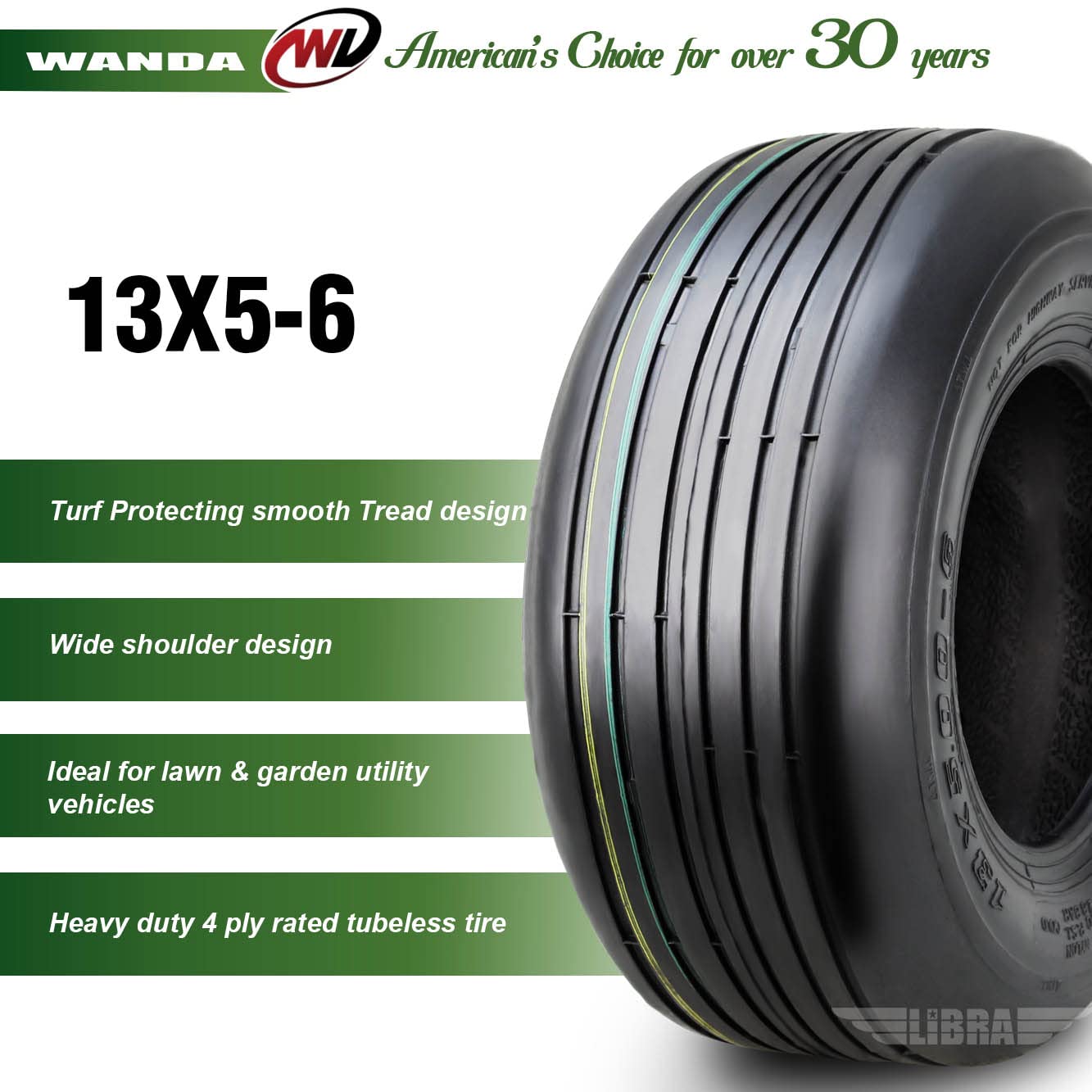 WANDA Set 2 13x5.00-6 Rib Lawn Mower Utility Cart Turf Tires 13x5x6 /4 ply - 13080...