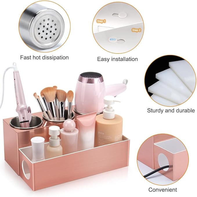 GFWARE Hair Tool Organizer - Bathroom Vanity Organizers and Storage, Hair Styling Accessories Hot Tools Organizer Hair Dryer, Blow Dryer, Curling Iron, Flat Iron, Hair Straightener, Pink