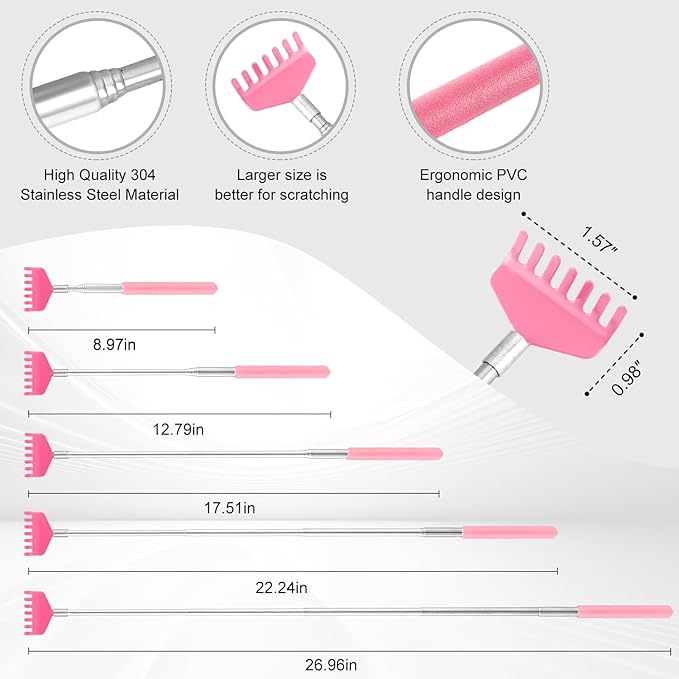 XKOS 4 Pack Different Back Scratcher Portable Telescoping with Rubber Handles, Extendable Metal Back Massager Tool with Beautiful Box, Stocking Stuffers for Men Women Adults (Pink)