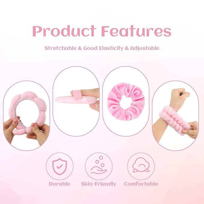 Spa Headband Set, 7Pcs Puffy Terry Cloth Headband and Wristband for Skincare, Makeup, Yoga, Shower, Spa Party, Sleepover Party, Pink