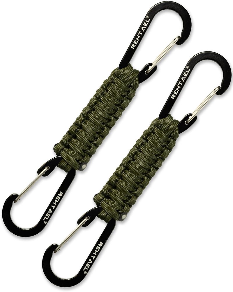 REHTAEL Heavy Duty Paracord Keychain with 2 Carabiner Clip for Keys, Military Lanyard Key Chain, Stroller Clip Hooks for Water Bottle Backpack Men Women, Camping Hiking Outdoor Gear (2Pcs, 2 X Green)