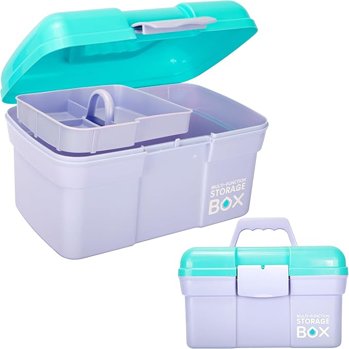 11in Mutipurpose Storage Box Organizer with Removable Tray, Portable Small Craft Organizer with Handle, Plastic Clear Tool Box Art Case for Makeup, Sewing, Nail, Hair Accessories (Purple Blue)
