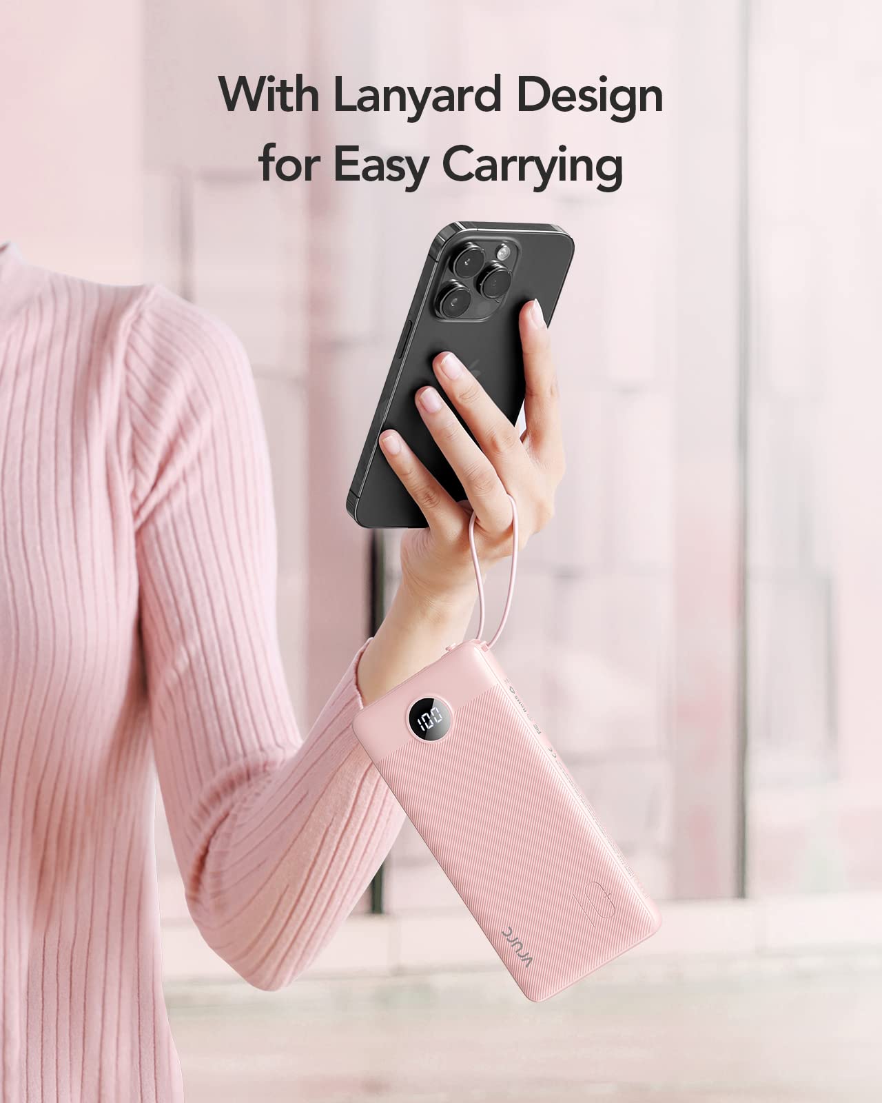 VRURC Portable Charger Power Bank, 10000mAh Travel Essentials Battery Pack, 5 Outputs 2 Inputs Slim Charging Bank Built-in Cables Cords Wires Compatible with iPhone,Samsung,Android-Pink(1 Pack)