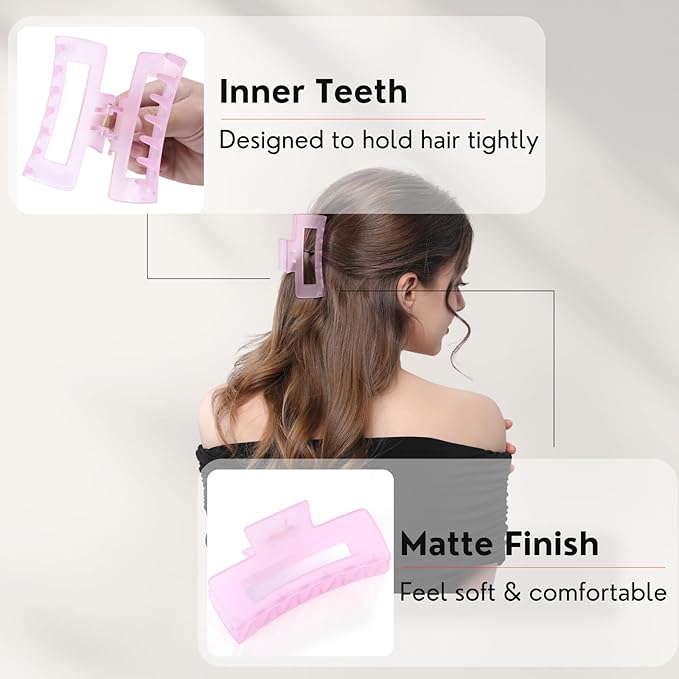 12 PCS Large Clear Square Hair Claw for Women, 4.3-Inch Matte Rectangle Clips, Strong Hold for Thick & Thin Hair