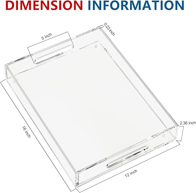 KOTEMON Acrylic Serving Tray with Handles-16x12x2.36Inch-Decorative Tray Letter Tray Organizer for Ottoman Coffee Table Countertop, Clear