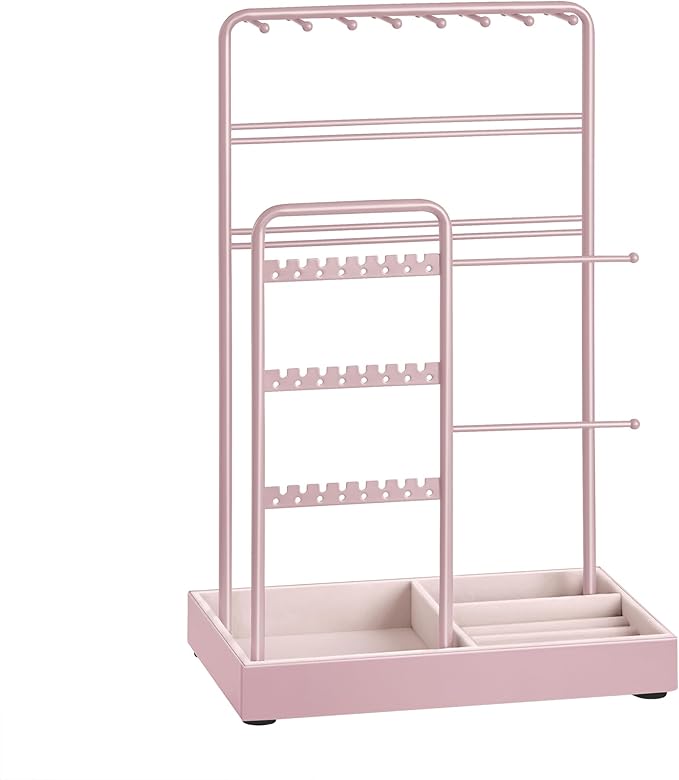 SONGMICS Jewelry Holder, Jewelry Organizer, Jewelry Display Stand with Metal Frame, Velvet Tray, Necklace Earring Bracelet Holder, for Studs, Rings, Gift Idea, Jelly Pink UJJS021R01