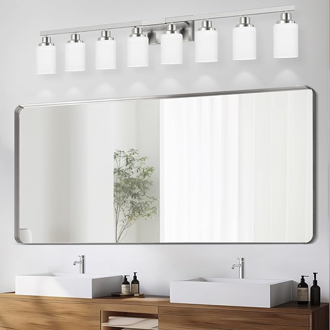 DIKAIDA 8-Light Bathroom Light Fixtures, 52inch Nickel Vanity Light with Milky White Glass Shade, Modern Bathroom Wall Lights Over Mirror, Farmhouse Wall Sconces Lighting for Bedroom Living Room