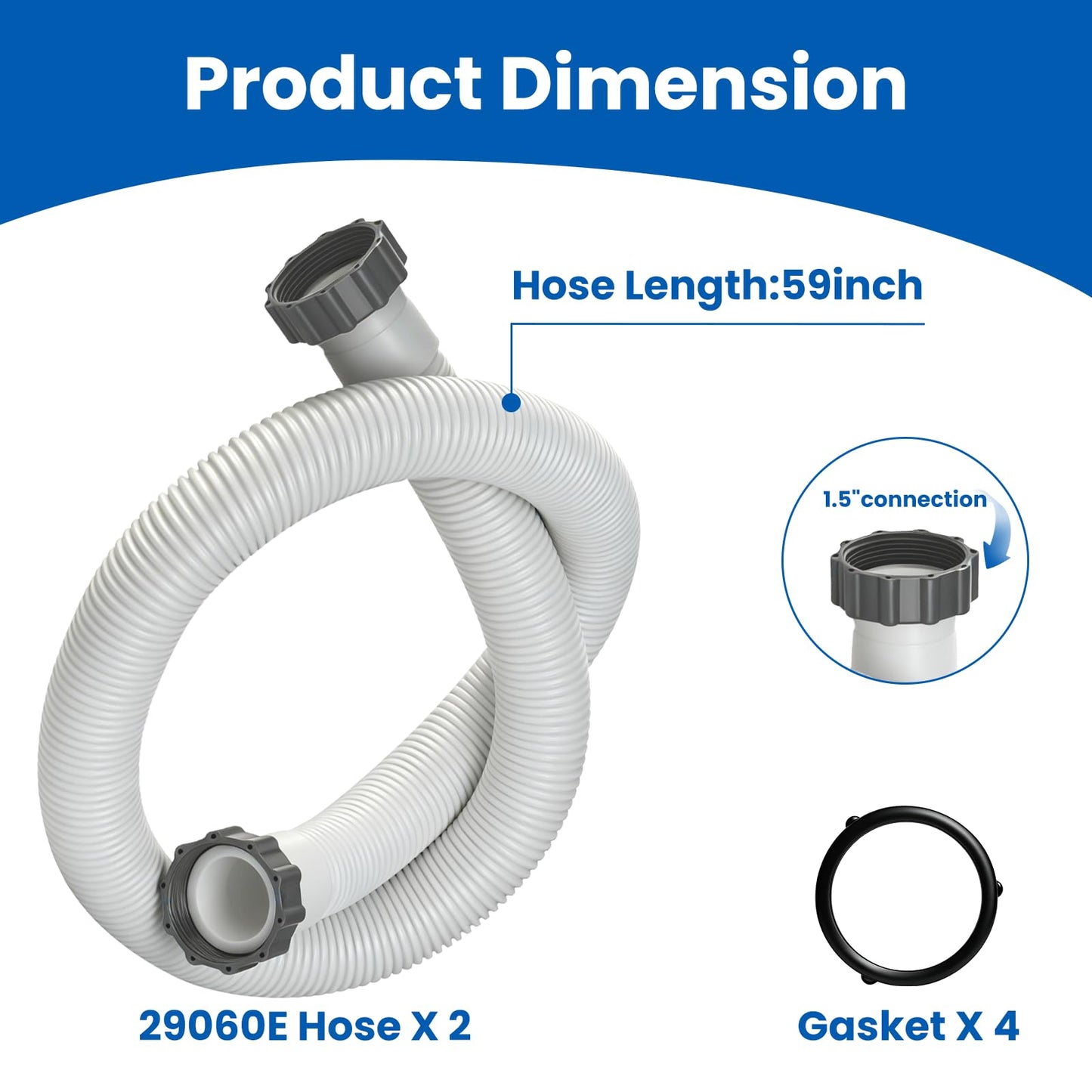XwaYexa 1.5" Above Ground Pool Hose, 59" Long 29060E Pool Filter Hose Pool Pump Hose Replacement,for Coleman Intex Sand Filters and Saltwater Systems with 1500-2500 GPH Pumps, 2Pcs