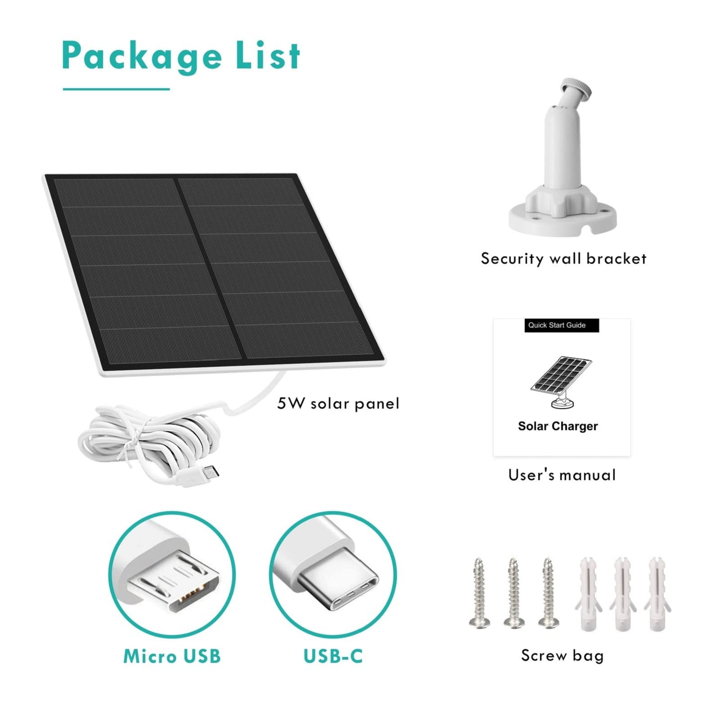 Solar Panel for Security Camera, 5W USB Solar Panel Compatible with Rechargeable Battery Camera, Solar Panel Charger for Camera with IP65 Waterproof, Adjustable Bracket, 9.8ft Cable(2 Pack)
