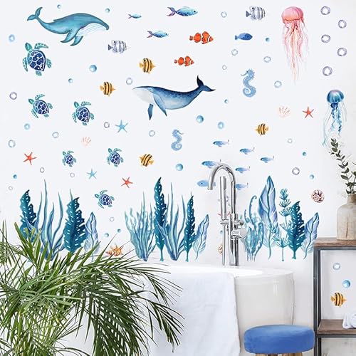 142 Pcs Ocean Wall Decals, Marine Life Peel and Stick with Turtles & Whale Shark, Non-Toxic Vinyl Stickers for Kids Room Nursery Bathroom Decor (Blue)