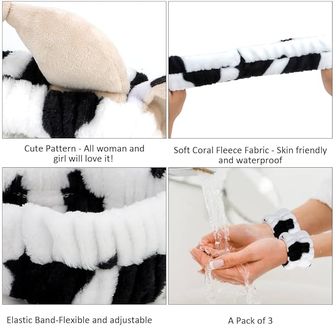AHONEY Cow Ears Headband Cow Print Skincare Headbands and Wristbands, Cute Spa Wrist Band Fluffy Hand Cuffs Women Facial Makeup Accessories Costume Party Stuff Birthday Gift